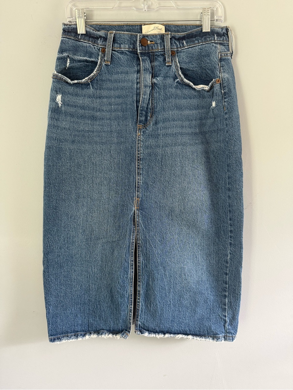 Universal Thread High Rise Denim Midi Skirt Sz 8 Raw Hem w/ Front Slit